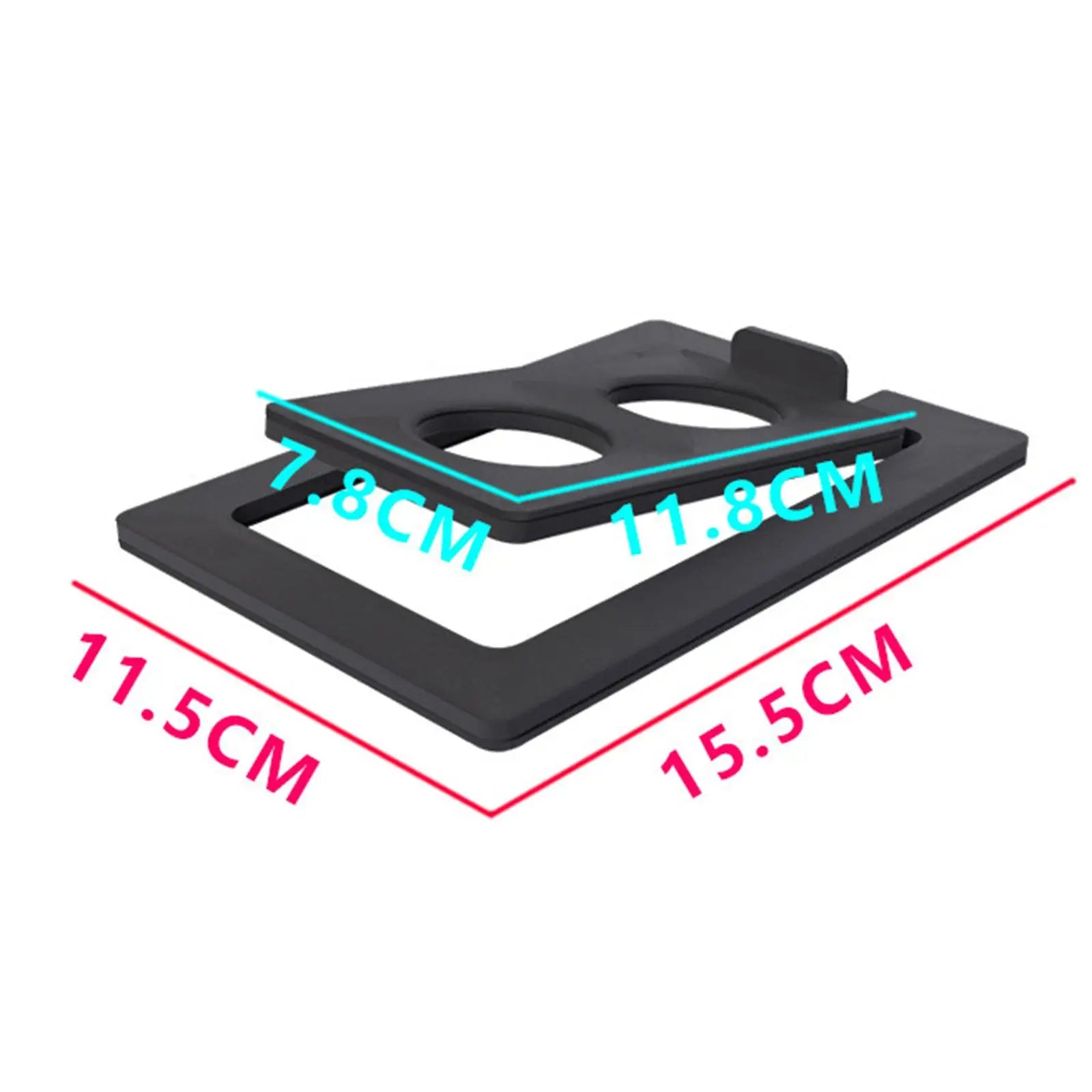 Black plastic car phone holder with two circular cutouts and raised tab shown alongside 2pcs tilted desktop speaker stands for studio speakers