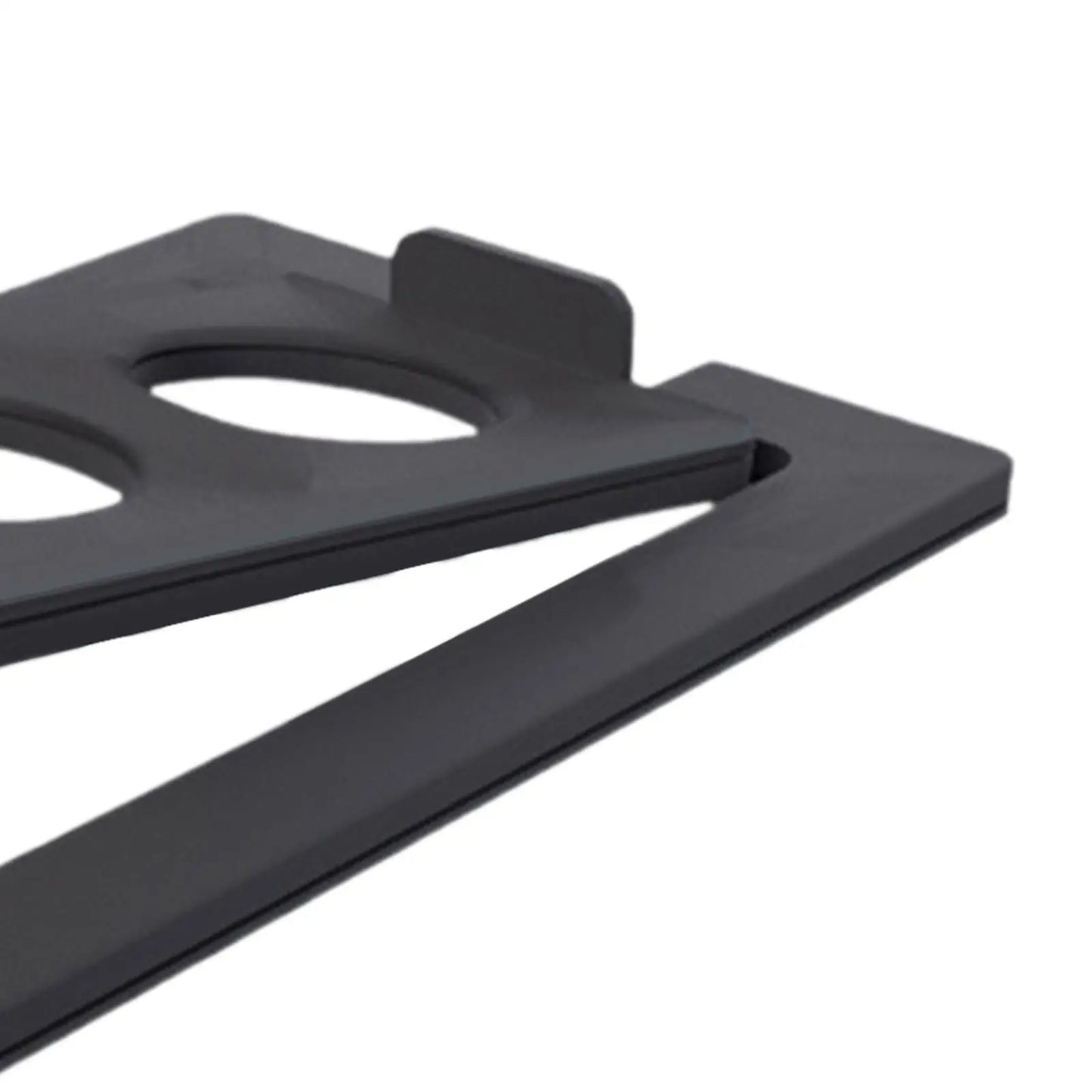 Black plastic drink coaster with two circular cutouts and raised edge for 2pcs tilted desktop speaker stands use with studio speakers