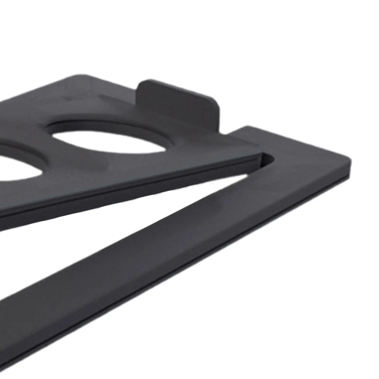 Black plastic drink coaster with two circular cutouts and raised edge for 2pcs tilted desktop speaker stands use with studio speakers