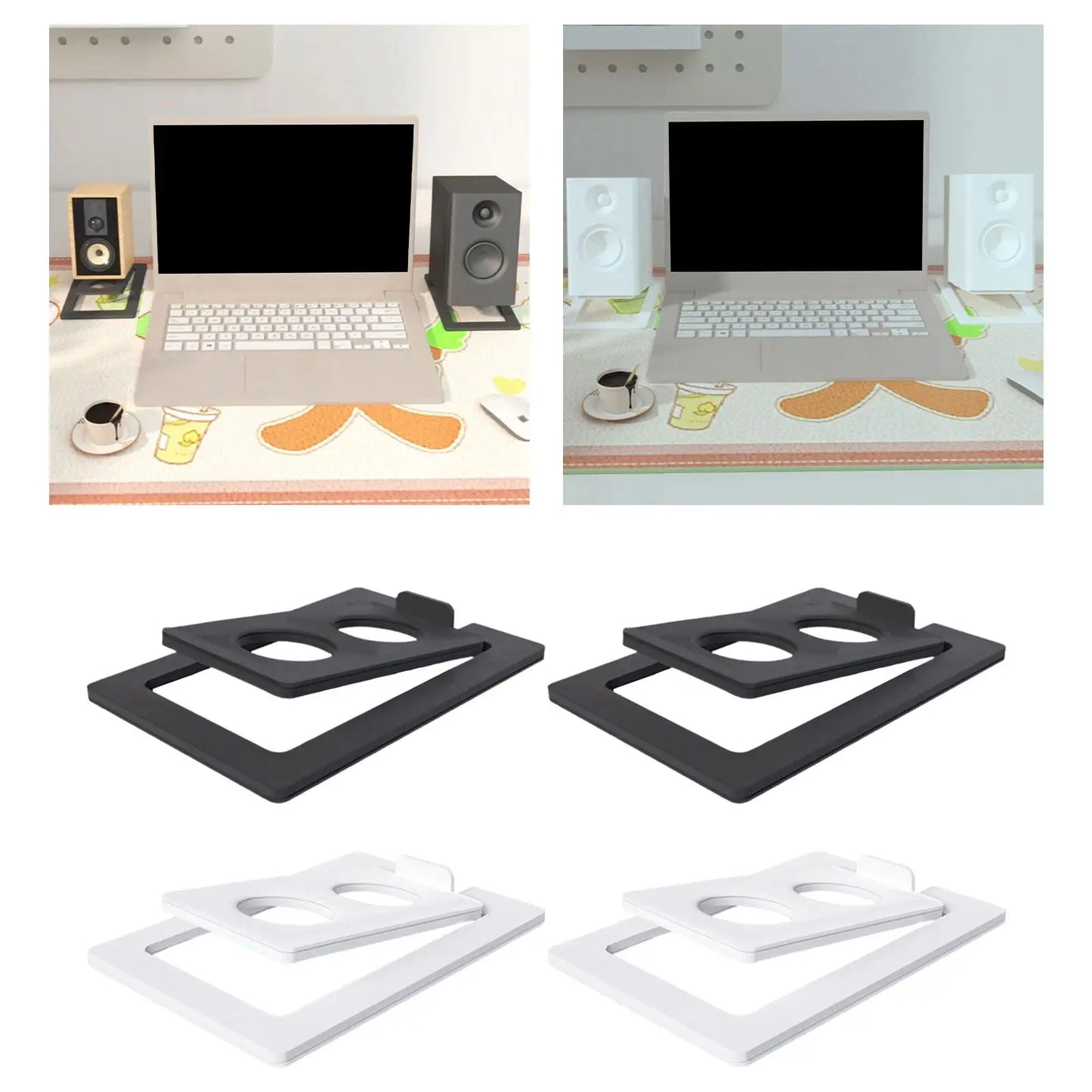Black and white metal 2pcs tilted desktop speaker stands with circular cutouts for studio speakers and laptop speakers