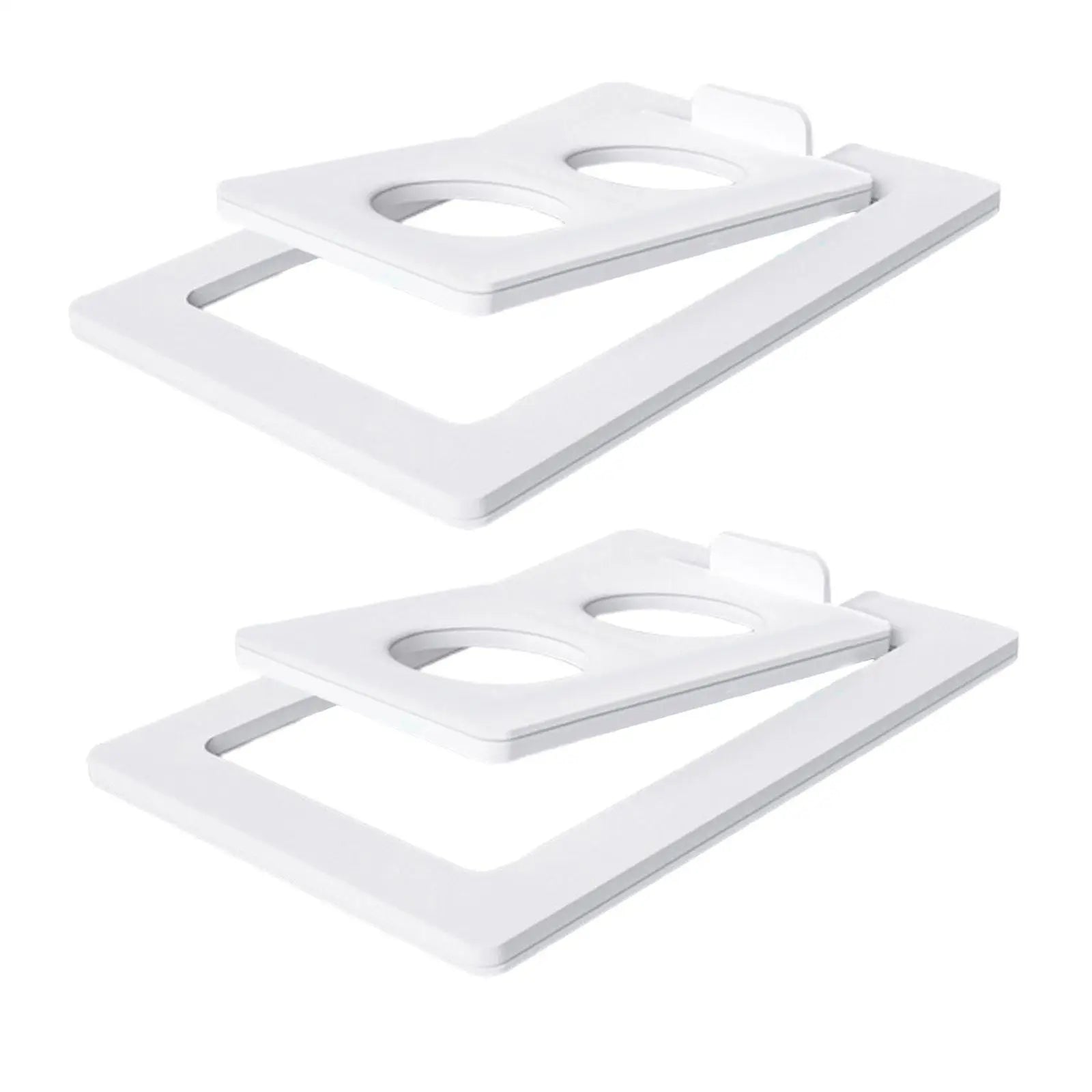 White plastic wall-mounted phone and tablet holders with circular cutouts for 2pcs tilted desktop speaker stands