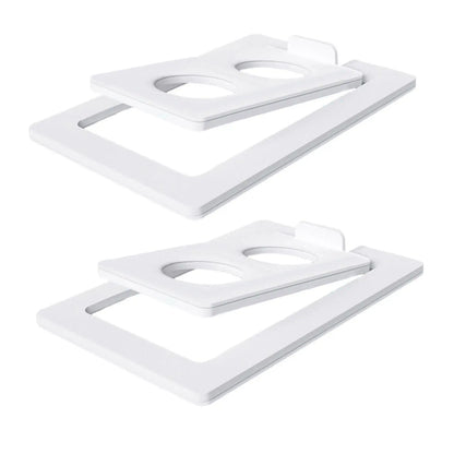 White plastic wall-mounted phone and tablet holders with circular cutouts for 2pcs tilted desktop speaker stands