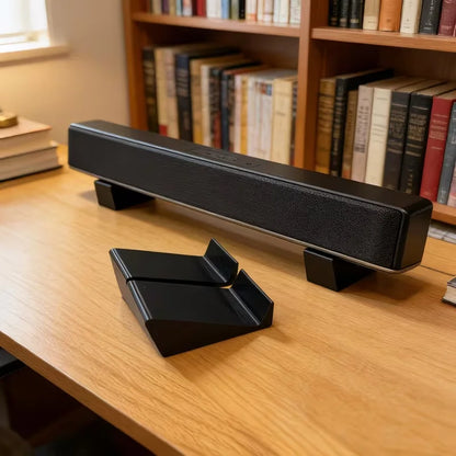 Black textured soundbar on wooden desk with 2pcs universal soundbar stand bases compatible with sony and samsung