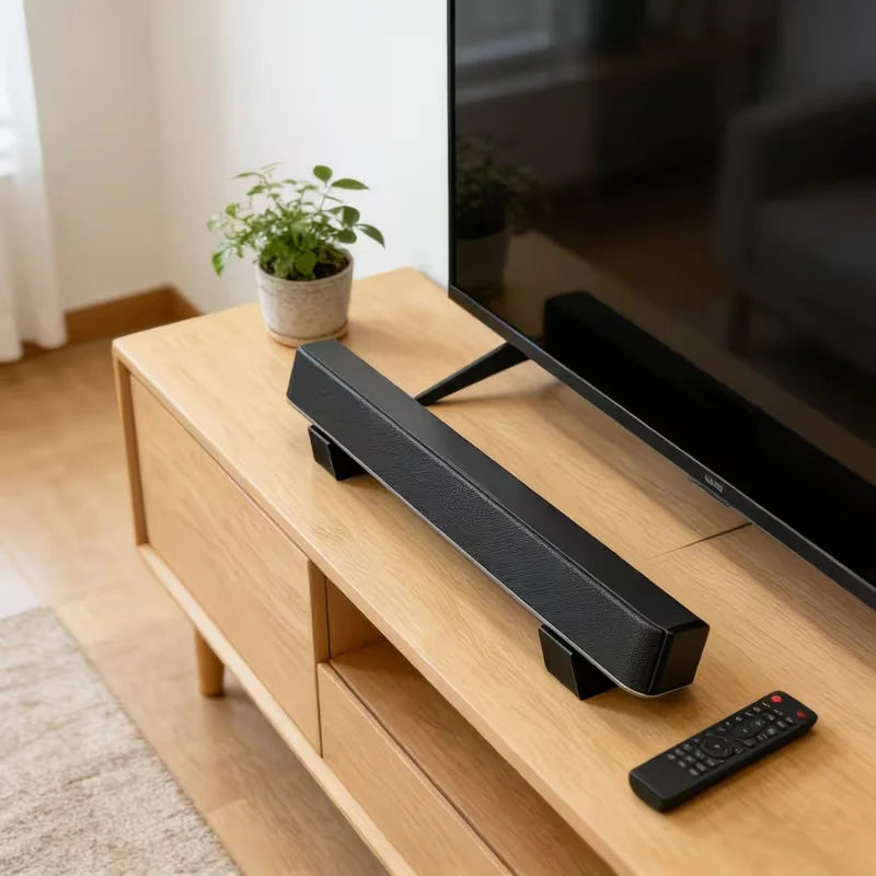 Black leather-textured soundbar on wooden media console with 2pcs universal soundbar stand bases compatible with sony philips samsung