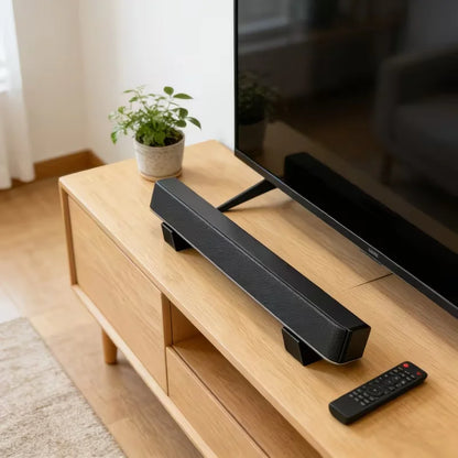 Black leather-textured soundbar on wooden media console with 2pcs universal soundbar stand bases compatible with sony philips samsung