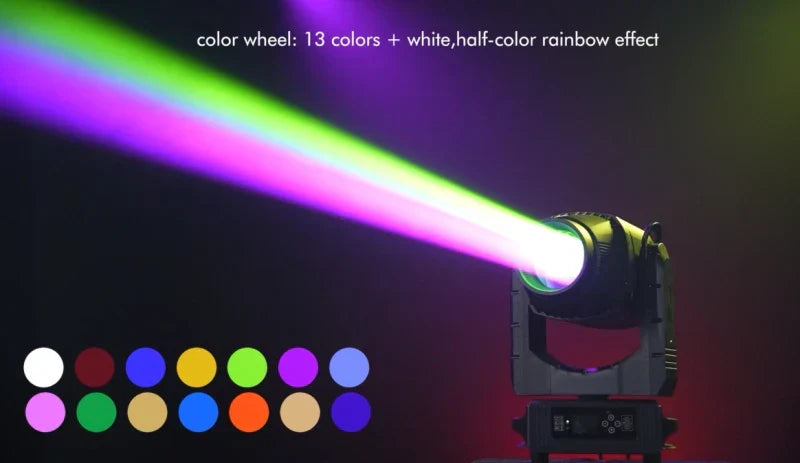 A sleek black and silver flycase megapointe ip66 580w led beam spot wash head light outdoor emitting vibrant rainbow beams