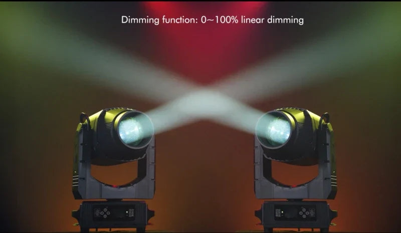 Two black and yellow flycase megapointe ip66 580w led beam spot wash moving head lights with bright white beams crossing