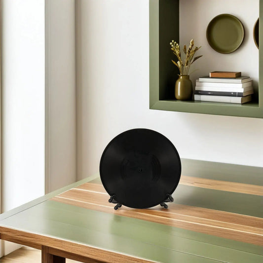 Black vintage vinyl record ornament displayed on sleek black stand for retro 70s 80s home office decor