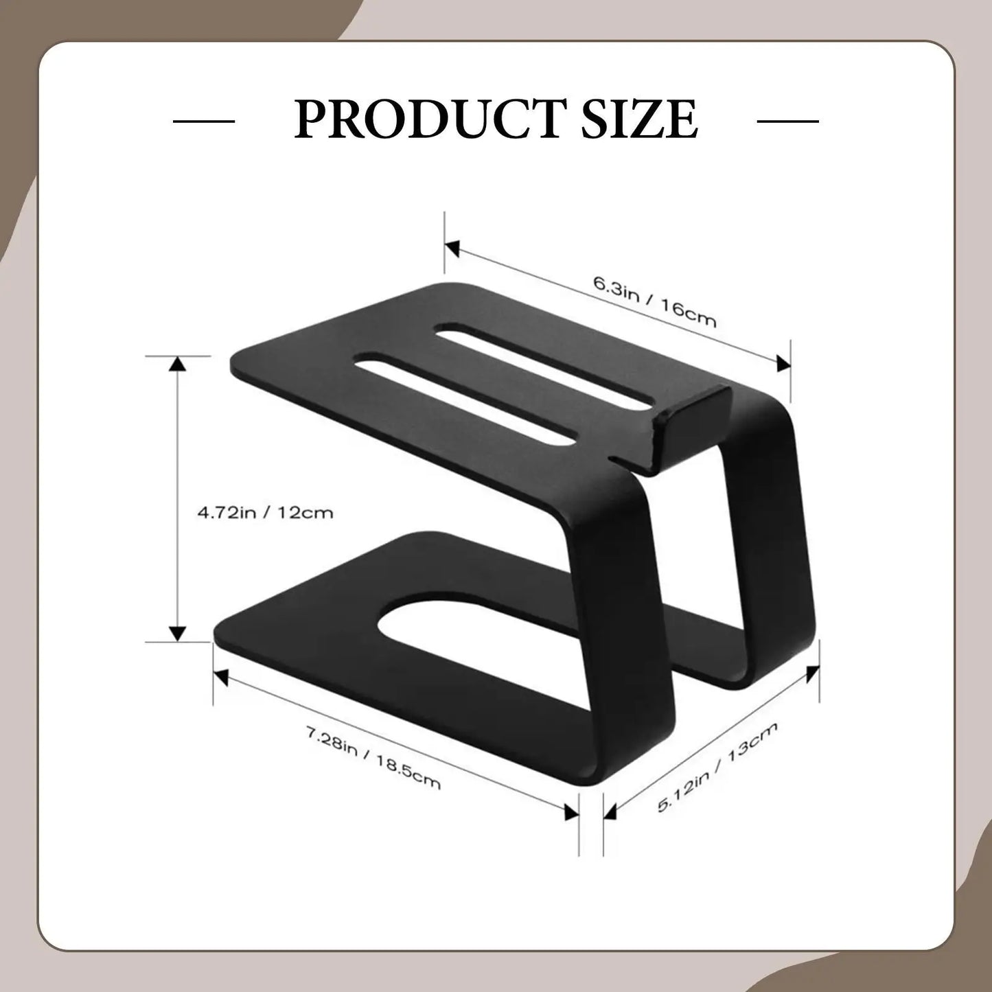 Black matte metal desktop speaker stand with two tiers and cutout slots for studio use from beat music store