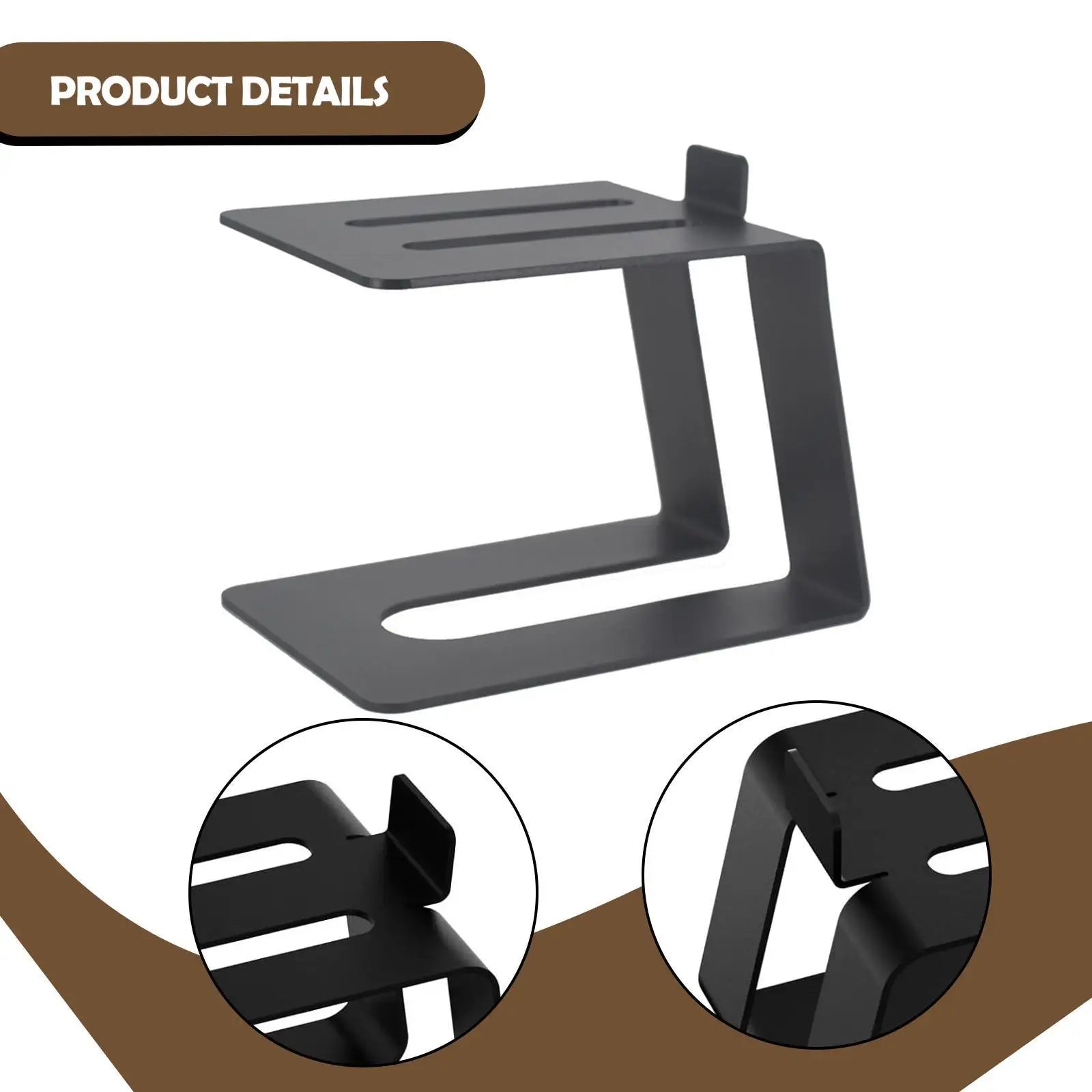 Black metal desktop speaker stand with sleek minimalist design and two horizontal slots for studio use at beat music store