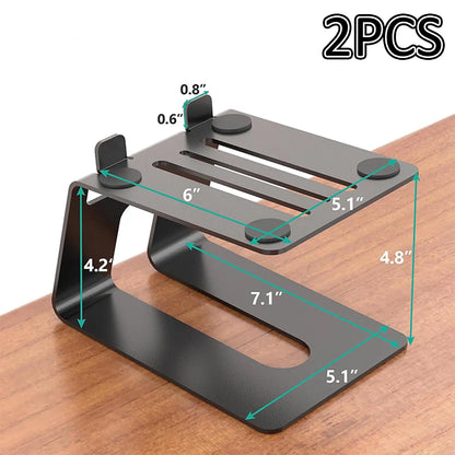 Black metal desktop speaker stands with adjustable height, sturdy vibration damping, slip multipurpose 18x13cm design