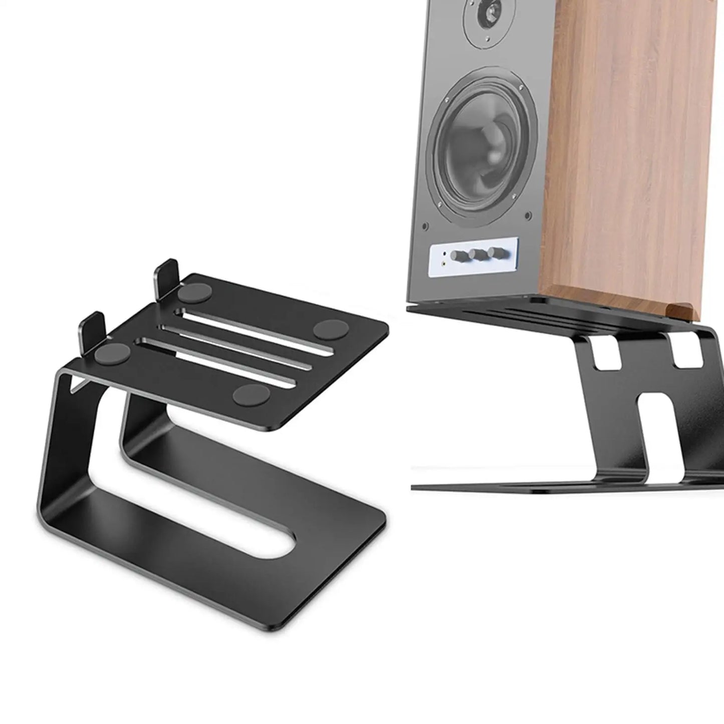 Black metal desktop speaker stands with sturdy vibration damping adjustable slip multipurpose 18x13cm design