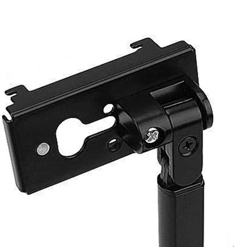 Black metal surround speaker wall bracket stand swivel with keyhole cutout and screw fastenings for mount hanging stand