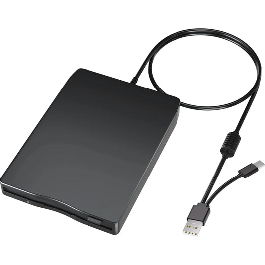 Black external floppy disk drive usb 2.0 with usb-a and usb-c cable portable disk reader for pc and laptop use