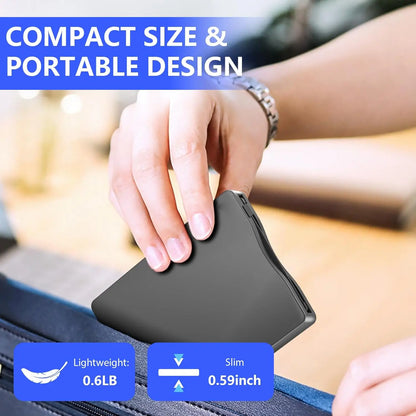 Black compact portable external floppy disk drive with slim profile and lightweight design for disk reader use