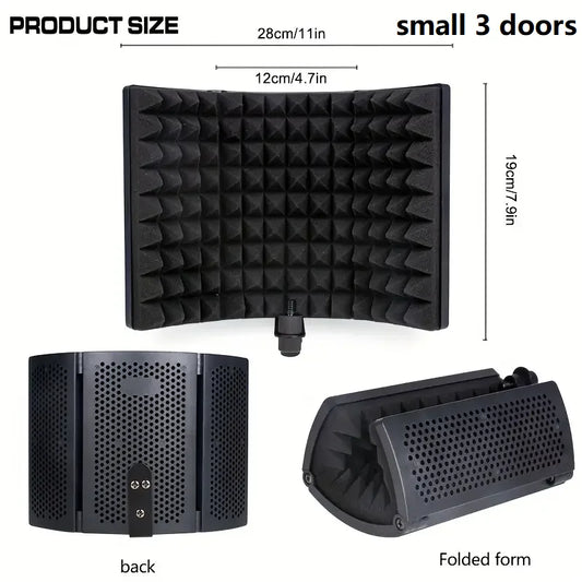 Black foam acoustic panel with three-door design and perforated metal frame for microphone isolation shield