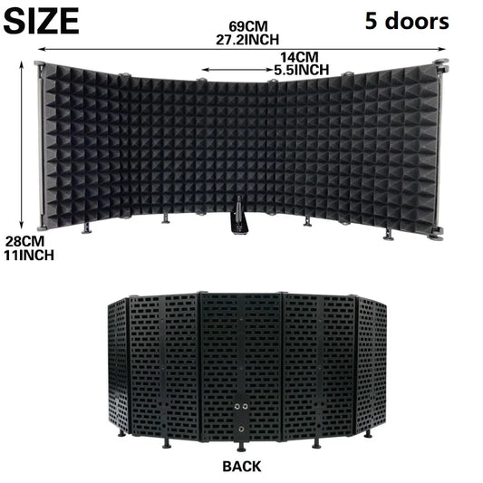 Black foam panel reflection filters with five doors and grid pattern for professional recording microphone isolation shield