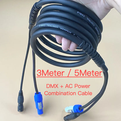 Black coiled dmx and ac power combination cable with blue and black connectors for wire stage lighting and powercon power wire