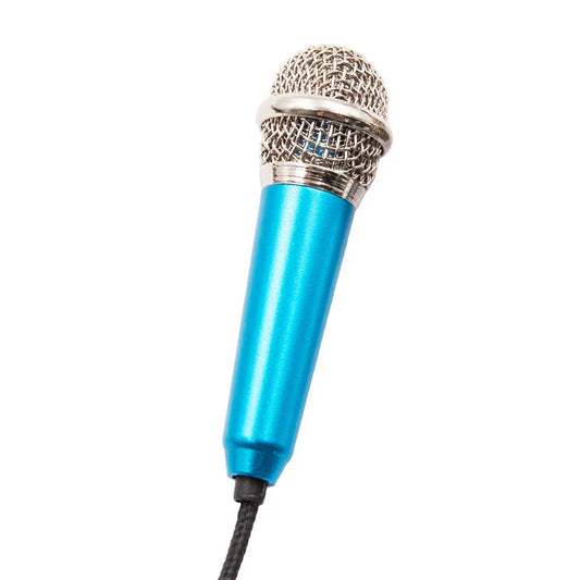 A vibrant blue handheld audio recording microphone with silver mesh grille and metallic accents for studio use