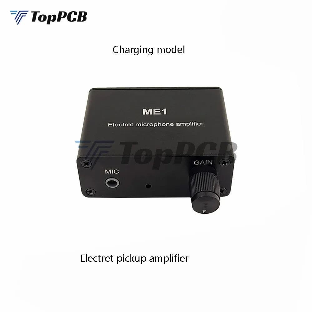 Black rectangular electret microphone amplifier condenser mic with textured gain knob and labeled inputs for pickup console tone