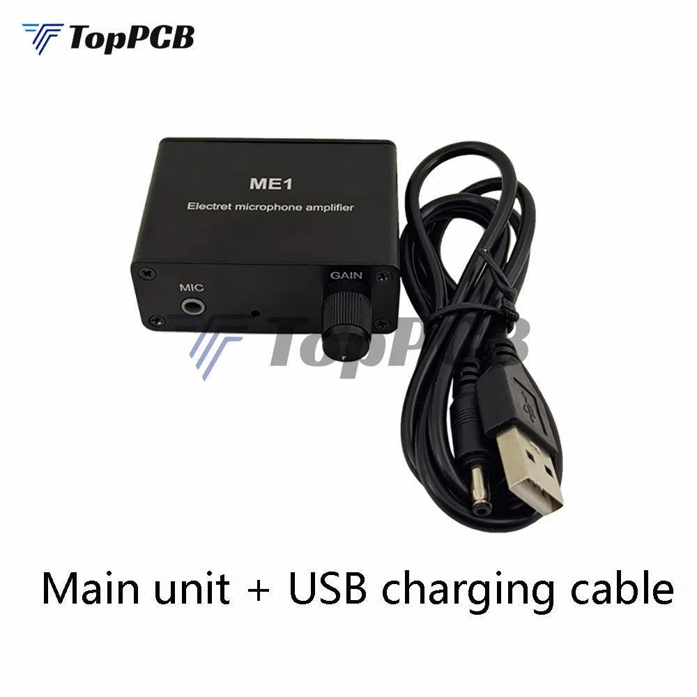 Black rectangular electret microphone amplifier condenser mic with rotary gain knob and usb charging cable for pickup console tone