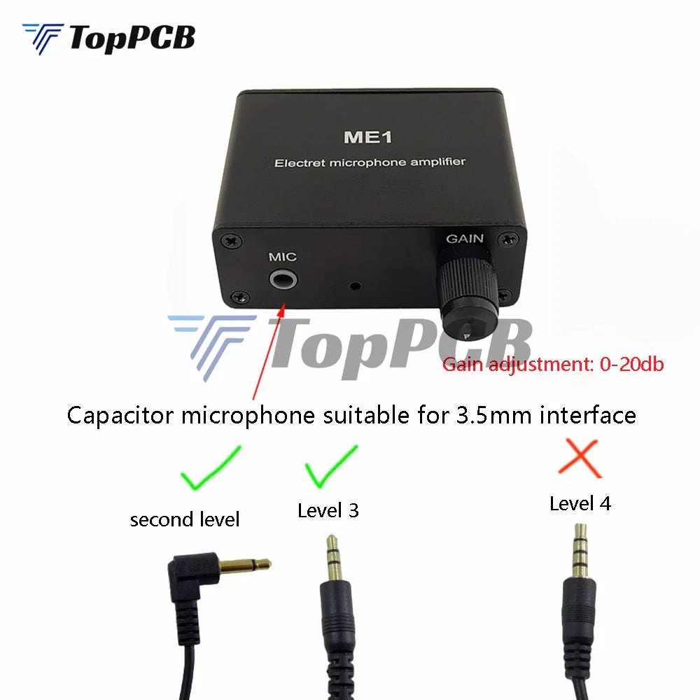 Black rectangular electret microphone amplifier condenser mic with gain knob and 3.5mm input for pickup console tone