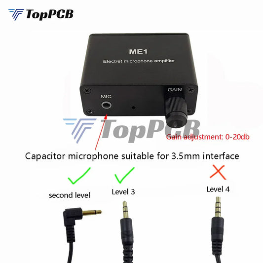 Black rectangular electret microphone amplifier condenser mic with gain knob and 3.5mm input for pickup console tone