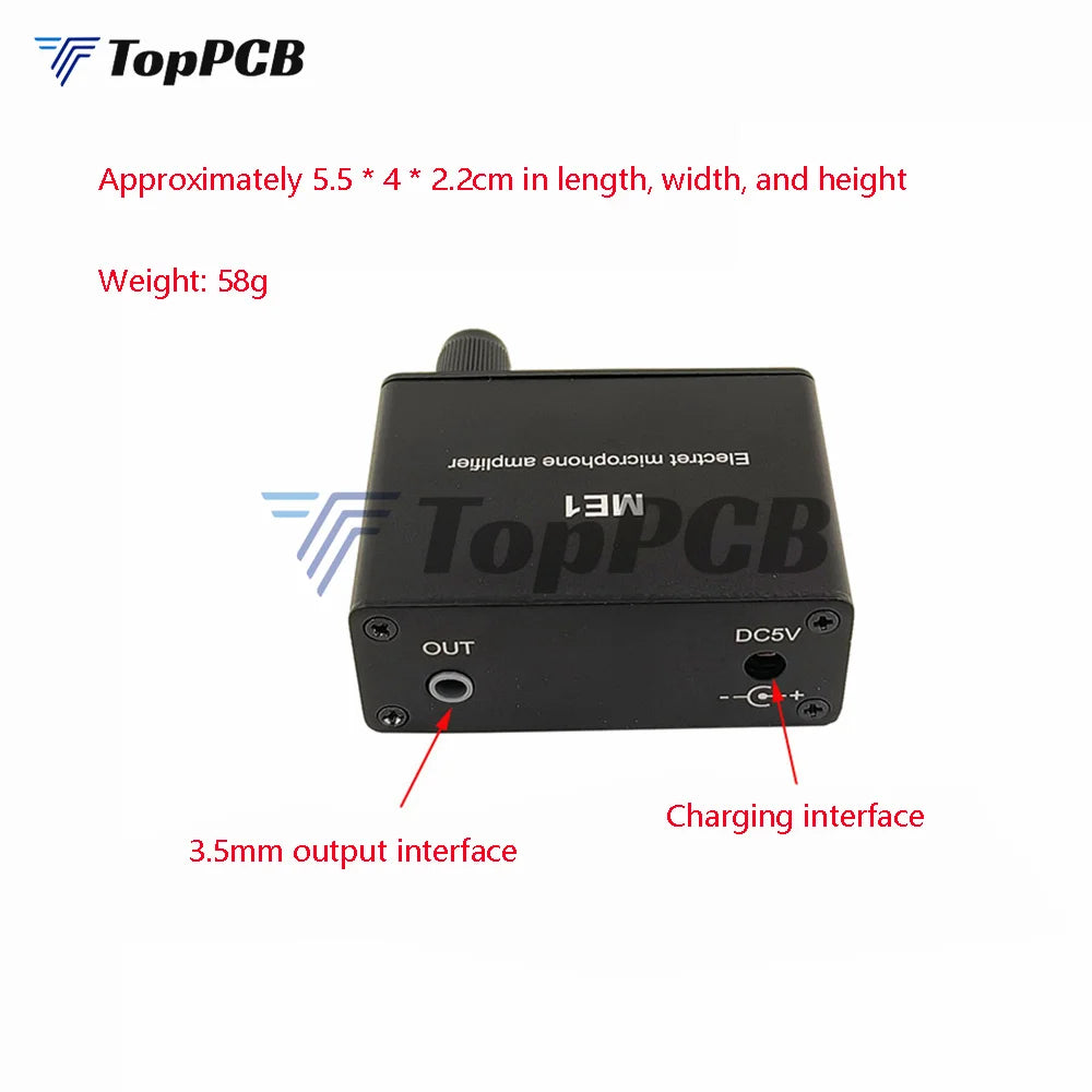 Black rectangular electret microphone amplifier with 3.5mm output and dc charging for pickup console tone tuning
