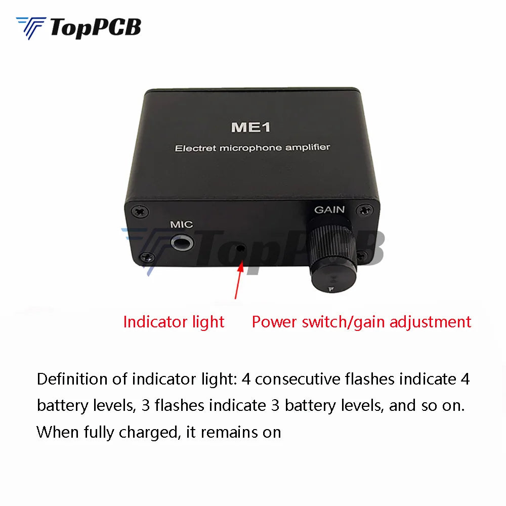 Black rectangular electret microphone amplifier condenser mic with rotary gain knob and indicator light for pickup console tone tuning