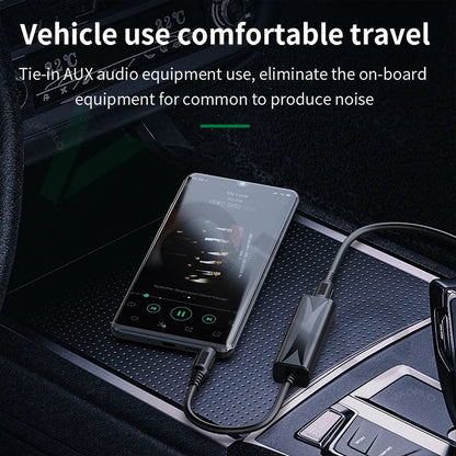 Black 3.5mm audio aux cable with anti-interference ground loop noise filter for connecting smartphones to car stereos