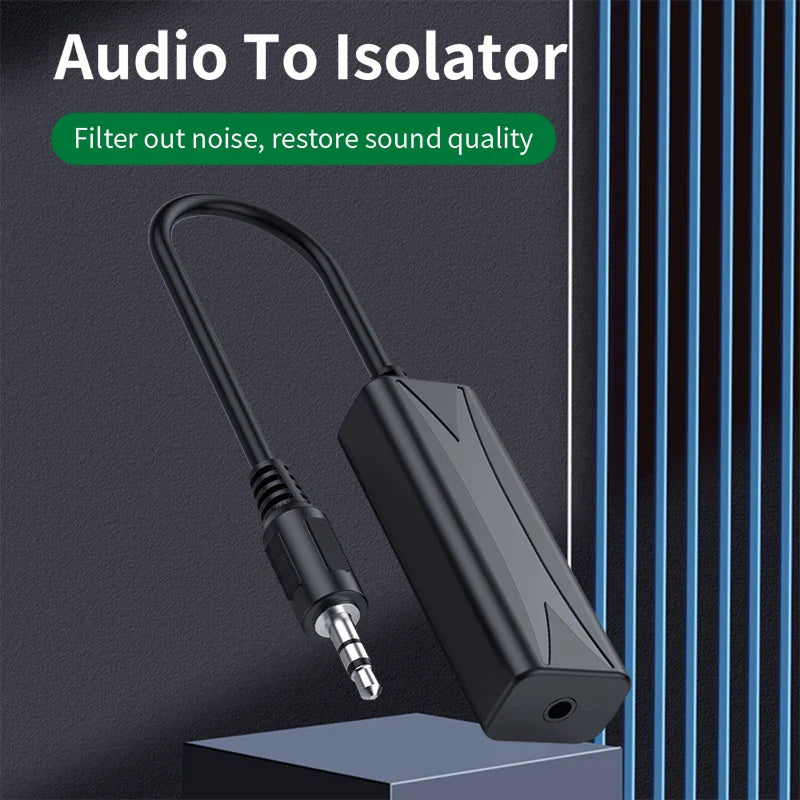Black 3.5mm audio aux cable noise filter isolator with rectangular body and attached jack for home and car stereo systems