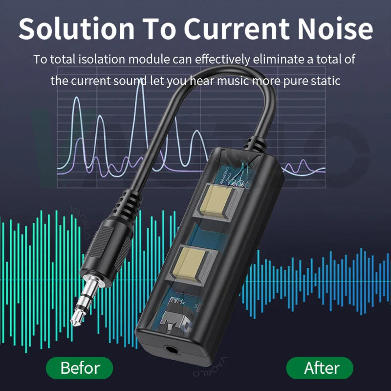 Black plastic 3.5mm audio aux cable anti-interference ground loop noise filter with visible circuitry for stereo systems