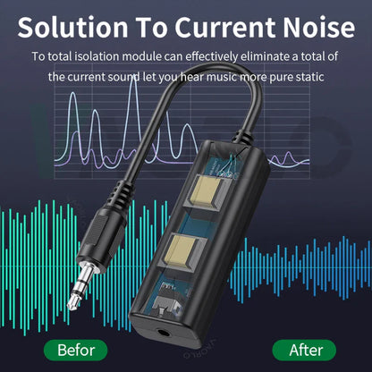Black plastic 3.5mm audio aux cable anti-interference ground loop noise filter with visible circuitry for stereo systems
