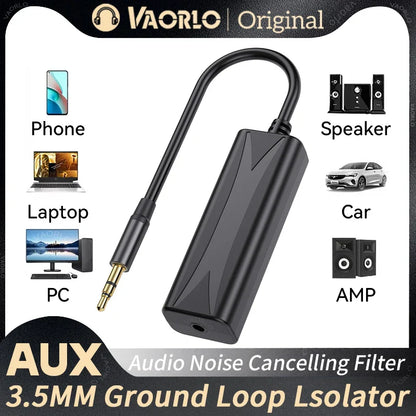 Black 3.5mm audio aux cable noise filter isolator with ground loop design for phone laptop pc and car use