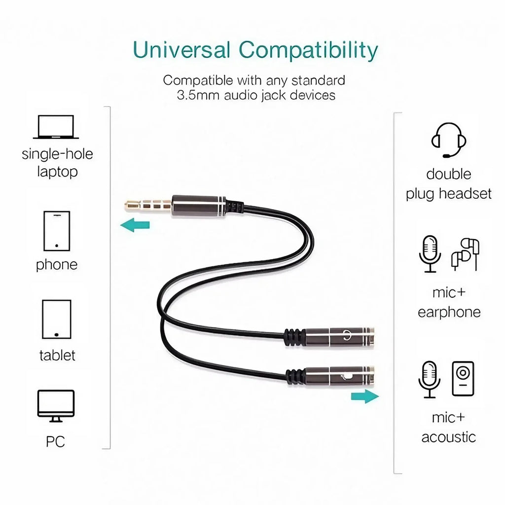 3.5mm Audio Splitter Cable for Computer Laptop Jack 3.5 mm 1 Male To 2 Female Microphone Headphone Y Splitter AUX Cable - Type Beat Music