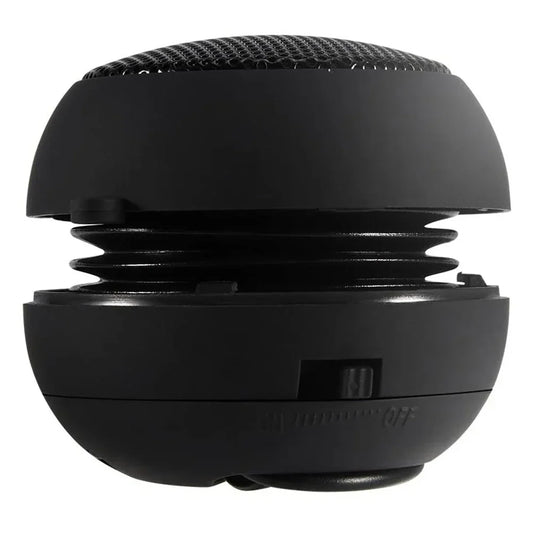 Black spherical portable speaker with mesh grille and coiled spring design for portable speaker travel and hifi 3d surround use