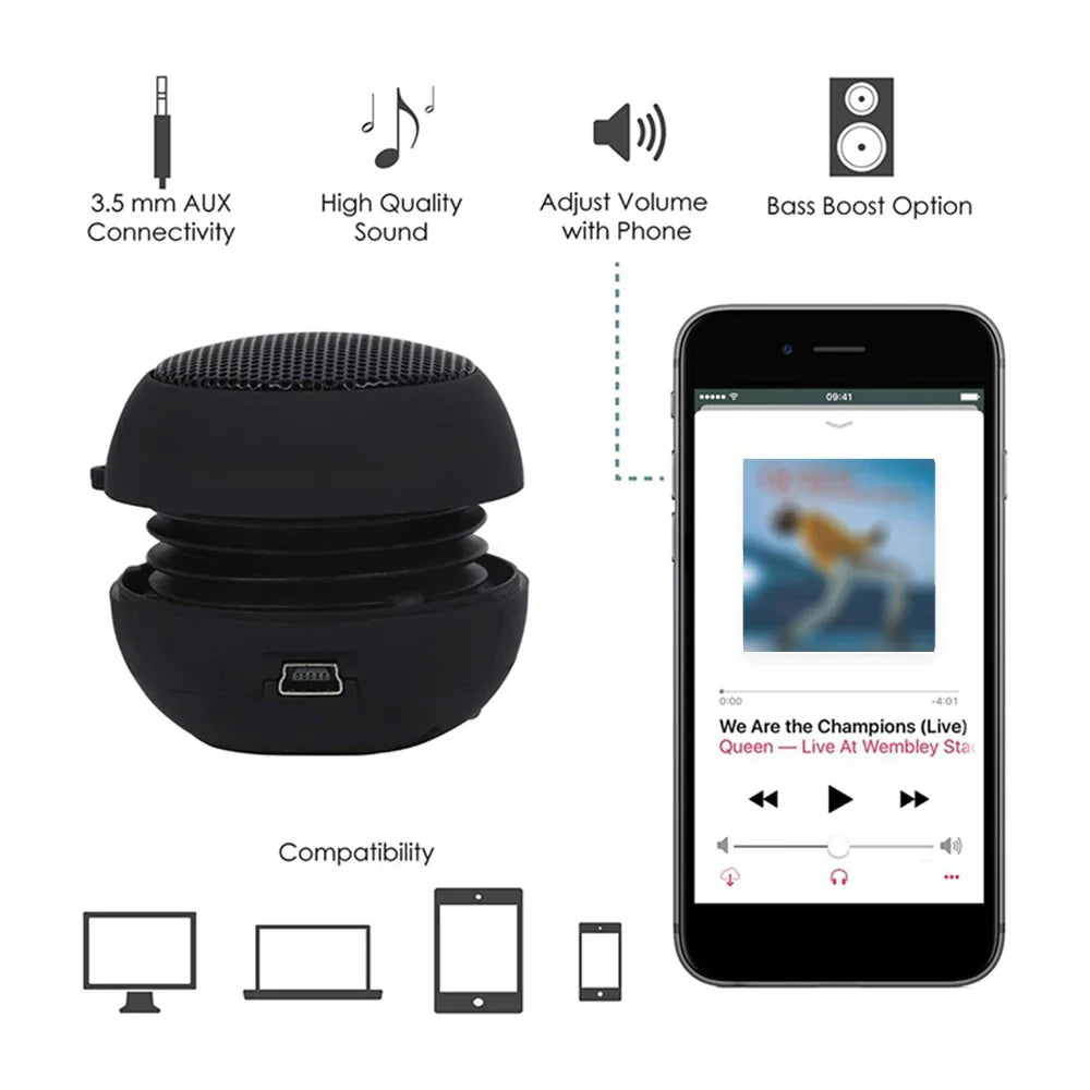 Black compact spherical portable speaker travel with textured grille usb port hiFi 3d surround box outdoor sports use