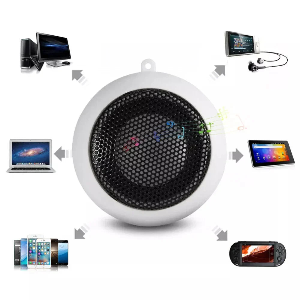White spherical portable speaker with black honeycomb mesh grille for portable speaker travel and hifi 3d surround sound