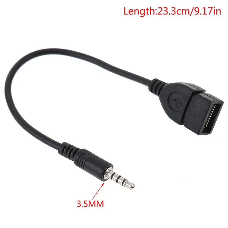 Black 3.5mm car aux audio cable with usb type-a female to male jack for music car audio connection
