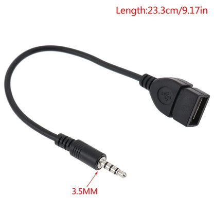Black 3.5mm car aux audio cable with usb type-a female to male jack for music car audio connection