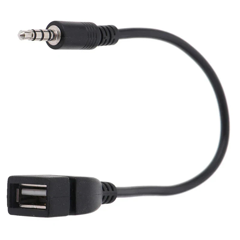 Black usb audio cable with male 3.5mm jack and braided shield for durable car aux audio and music car audio connectivity