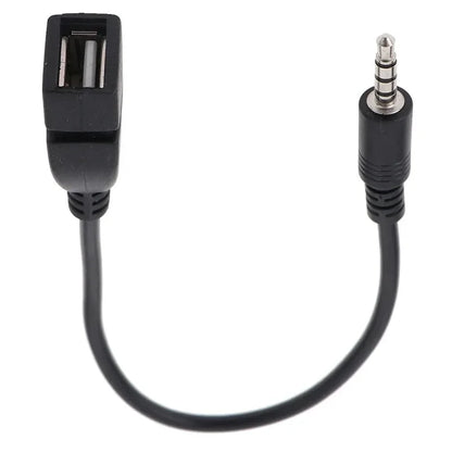 Black car aux usb audio cable with rectangular usb female and metallic 3.5mm male jack for cable car electronics