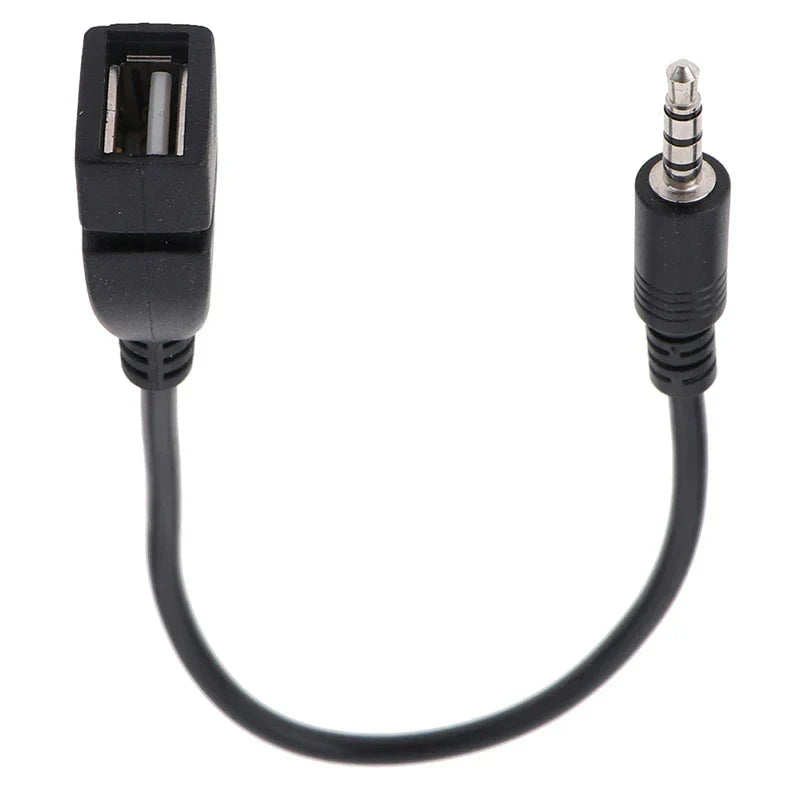 Black usb-a to 3.5mm car aux audio cable with flexible cord and molded connectors for music car audio use