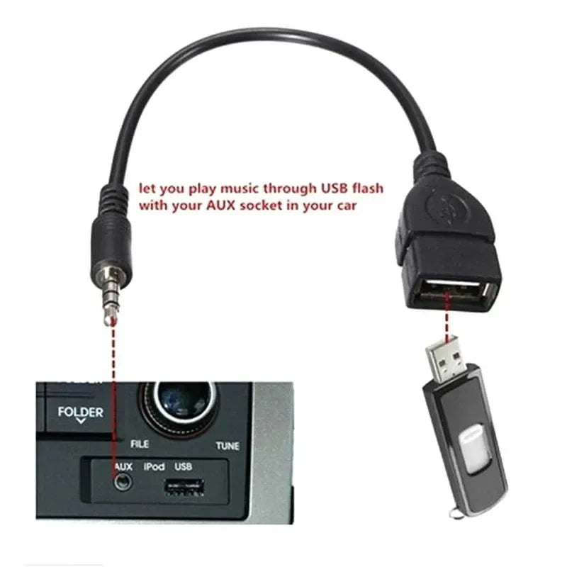 Black car aux usb audio cable adapter with 3.5mm aux jack and usb connector for cable car electronics use