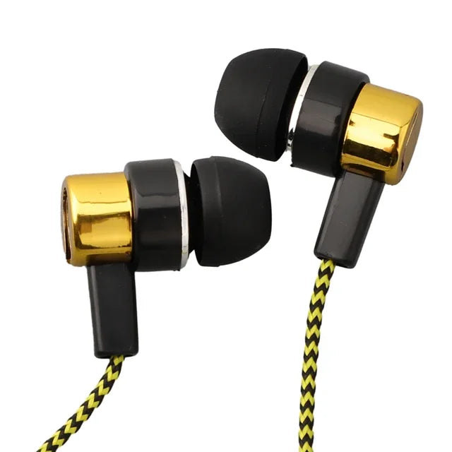 Black and gold 3.5mm in-ear headphone noise cancelling with braided yellow and black cable bass stereo earbuds