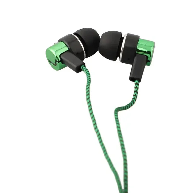 Green and black 3.5mm in-ear wired headphone noise cancelling with braided cable bass stereo earbuds for superb bass