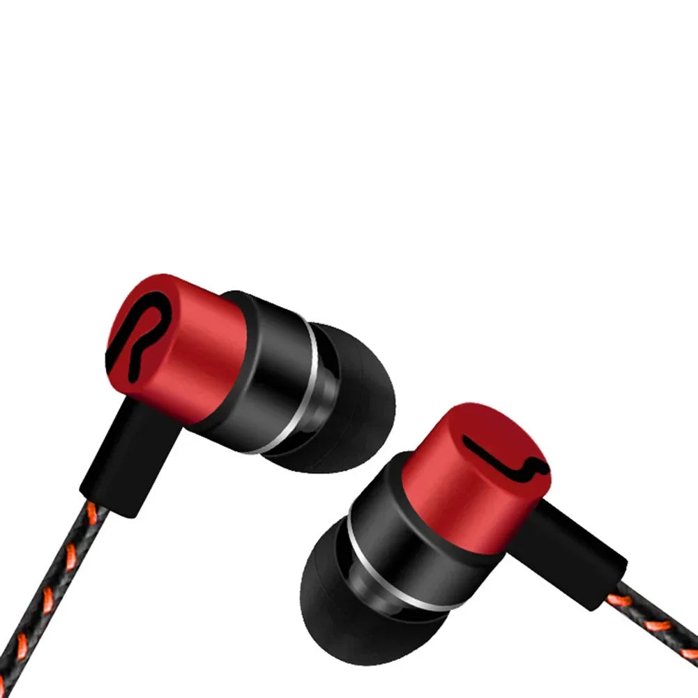 Red and black 3.5mm in-ear headphone noise cancelling with braided orange-black cable bass stereo earbuds