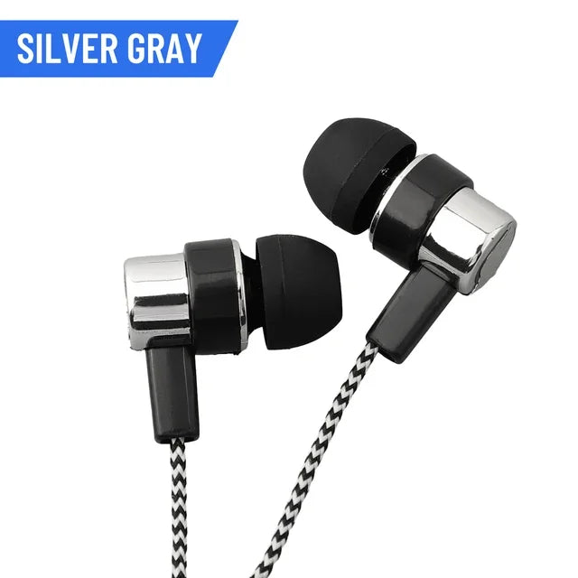 Silver gray 3.5mm in-ear wired headphone with black chrome design and braided cable featuring noise cancelling superb bass stereo earbuds
