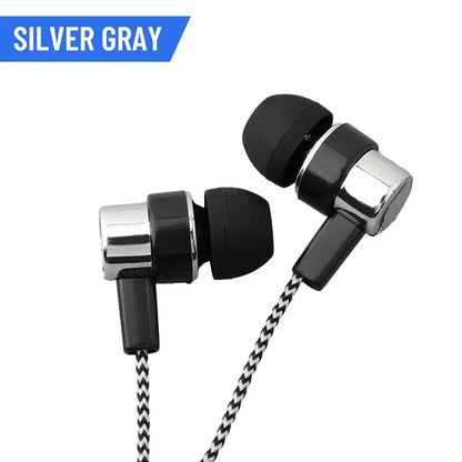 Silver gray 3.5mm in-ear wired headphone with black chrome design and braided cable featuring noise cancelling superb bass stereo earbuds