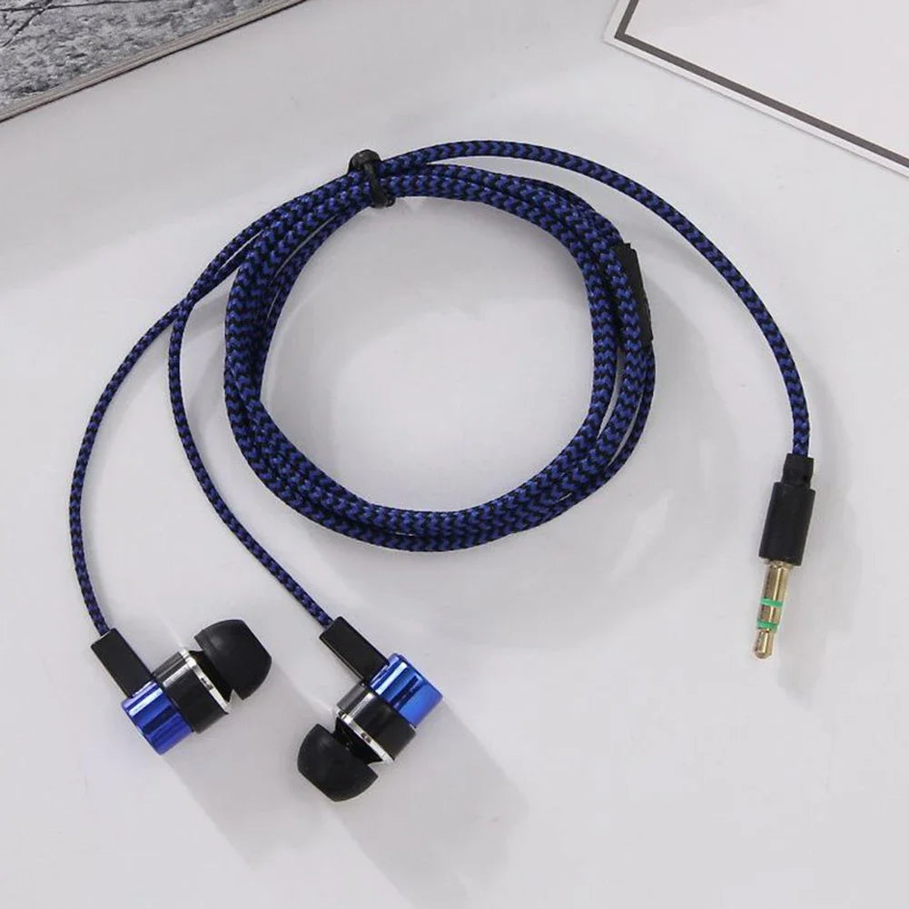 Blue and black inlayed braided 3.5mm headphone noise cancelling bass stereo earbuds with metallic blue accents